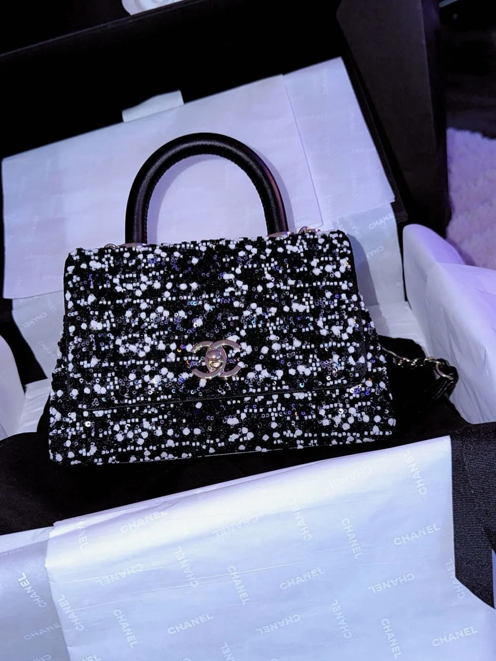 CHANEL Black & White Tweed Top Handle Bag with Silver Hardware